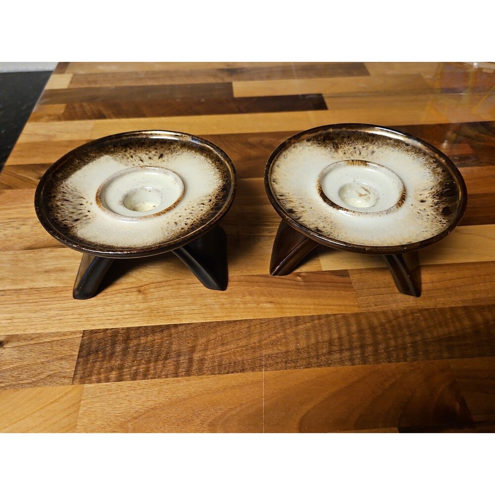 Set Of 2 Vintage MCM Dark Brown Glazed Pottery Taper Holders Candle Holders